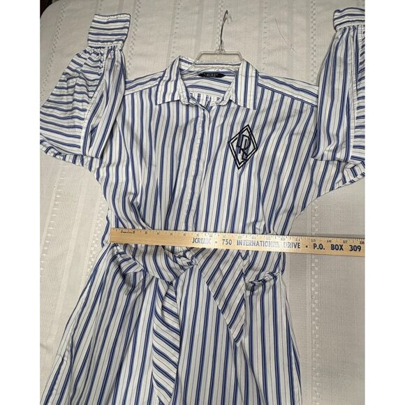 Lauren Ralph Lauren Broadcloth Blue White Striped Shirt Dress Tie  Embroidered 8 - Picture 7 of 12